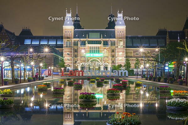 Rijksmuesum and Museumplein illuminiated at night, Amsterdam, North Holland, Netherlands [AWL110002471]