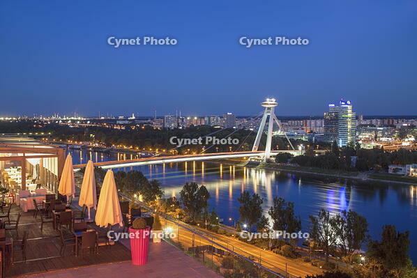 View of New Bridge from Parliament Restaurant at dusk, Bratislava, Slovakia [AWL110002483]
