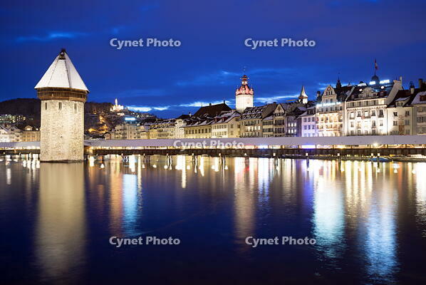 Europe, Switzerland, Lucerne, water tower on 14th century Kapellbrucke, covered wooden bridge over the River Reuss [AWL110002509]