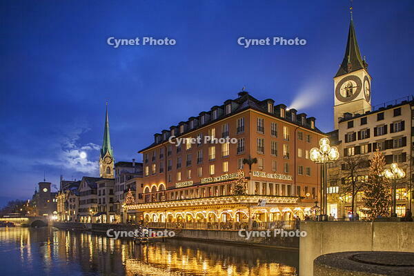 View of Zurich Old Town and the Limmat River from the Rathaus at twilight, Zurich, Canton of Zurich, Switzerland [AWL110002511]