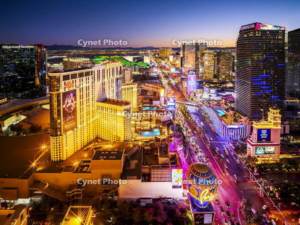 Aerial View at night of the Las Vegas illuminated Strip, with its lively Neon Colors Las Vegas, Nevada, USA [AWL110002534]