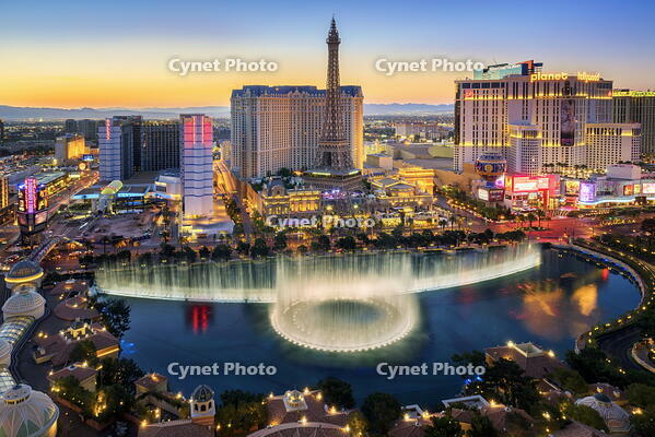 Strip View with Bellagio Fountain and Paris Hotel at night, Las Vegas , Nevada, USA [AWL110002536]