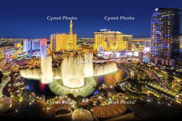 Strip View with Bellagio Fountain and Paris Hotel at night, Las Vegas , Nevada, USA [AWL110002537]
