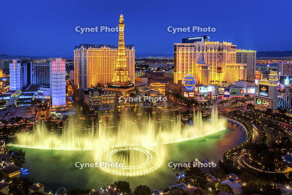 Strip View with Bellagio Fountain and Paris Hotel at night, Las Vegas , Nevada, USA [AWL110002538]