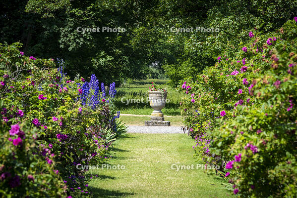 Kendal, Cumbria, England.  Rose borders frame a path leading to an urn in the gardens at  Levens Hall [AWL110002554]