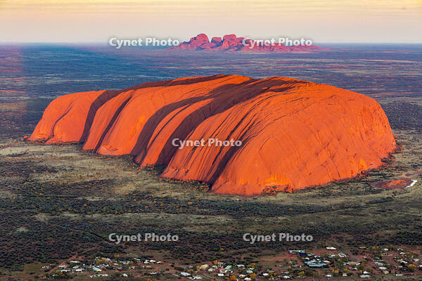 Uluru and Kata Tjuta at sunrise, Aerial view. Northern Territory, Australia [AWL110002562]