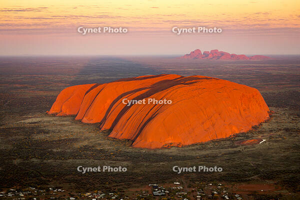 Uluru and Kata Tjuta at sunrise, Aerial view. Northern Territory, Australia [AWL110002563]