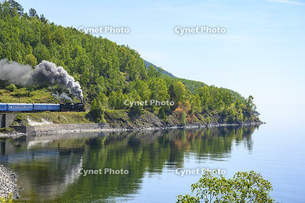 Russia, Siberia, Lake Baikal. Golden Eagle Trans Siberian express follows the shore of Lake Baikal. [AWL110002584]