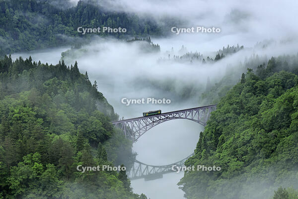 只見線の霧の第一只見川橋梁と列車 [GMA110011440]