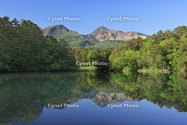 裏磐梯の五色沼の毘沙門沼と磐梯山 [GMA110011454]