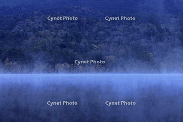 紅葉するオンネトー湖畔と朝もや [GMA110011788]