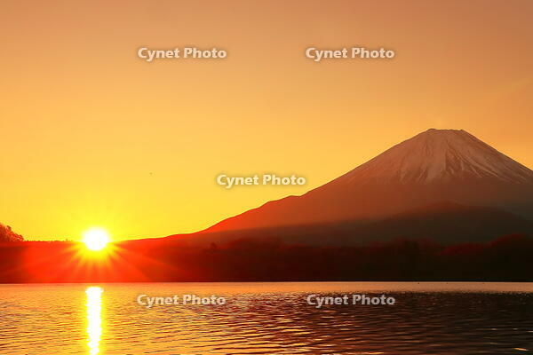煌く太陽の昇る精進湖と冬の富士山　 [THI110053336]