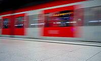 Underground arriving S-Bahn, train, class 420 in traffic red, platform, stop, station city centre, public transport, movement effect, VVS, Verkehrsverbund Stuttgart, local transport, Stuttgart, Baden-Württemberg, Germany [IBR112672572]