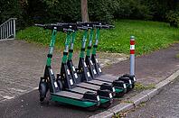 Several e-scooters, electric scooters, scooters parked on the pavement, pavement, in the Bolt bike hire shop, Stuttgart, Baden-Württemberg, Germany [IBR112672574]