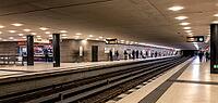 Night photo, long exposure with motion blur, platform at Unter den Linden station, contemporary and modern design, Berlin, Germany [IBR112672576]