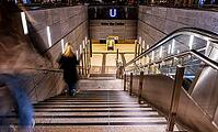Night photo, long exposure with motion blur, modern underground entrance at Unter den Linden station, contemporary design with stairs and escalator, Berlin, Germany [IBR112672581]