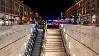 Night photo, long exposure with motion blur, modern underground entrance at Unter den Linden station, contemporary design with stairs and escalator, Berlin, Germany [IBR112672582]