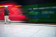 Underground arriving S-Bahn, train, class 420 in traffic red, platform, stop, Stadtmitte station, travellers, passengers, public transport, movement effect, VVS, Verkehrsverbund Stuttgart, local transport, Stuttgart, Baden-Württemberg, Germany [IBR112672583]