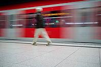 Underground arriving S-Bahn, train, class 420 in traffic red, platform, stop, Stadtmitte station, travellers, passengers, public transport, movement effect, VVS, Verkehrsverbund Stuttgart, local transport, Stuttgart, Baden-Württemberg, Germany [IBR112672584]