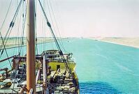 Shipping passing through the Suez Canal photographed onboard a cargo ship, Egypt, norther Africa 1965 [IBR112672609]