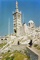 Neo-Byzantine architecture of basilica Notre Dame De La Garde church, Marseille, France, Europe, 1965 [IBR112672622]