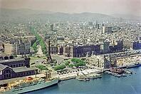 View from cable car to Columbus Monument, Plaça Portal de la Pau, city centre of Barcelona, Spain, Europe 1965 [IBR112672624]