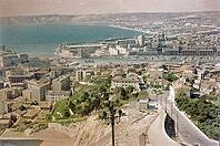 Oblique angle raised view of city centre and port, Vieux Port, Old Port, City of Marseille, France, Europe 1965 [IBR112672626]
