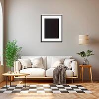 Cozy living room with white sofa, checkered carpet on the floor, black and white painting on beige walls, mock-up, AI generated [IBR123435164]