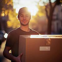 Young man - courier in a T-shirt and cap holds a cardboard box in his hands, early morning, AI generated [IBR123435166]