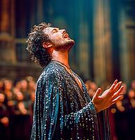 Opera singer in stage costume emotionally sings aria on theater stage, AI generated [IBR123435167]