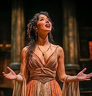 Young female opera singer in historical costume performing aria on stage of theatre, AI generated [IBR123435168]