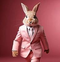 A hare in a pink business suit walks energetically, looking at the camera, AI generated [IBR123435170]