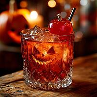 Halloween cocktail stands on a wooden table against a background of pumpkins and candles, AI generated [IBR123435171]
