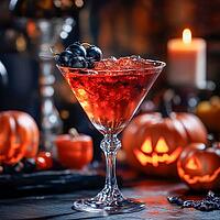 Red cocktail in a triangular glass stands on a table, pumpkins and candles in the background, AI generated [IBR123435172]