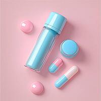 Vials and pills lie on pink background, top view, AI generated [IBR123435173]