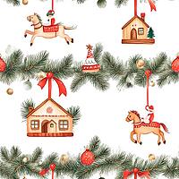 Christmas garland with wooden horses and houses, on white background, seamless pattern, AI generated [IBR123435178]