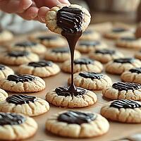 Chocolate drips from round shortbread cookies onto a baking tray, AI generated [IBR123435181]