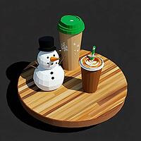 Coffee in cups and a snowman on a round table, 3D, AI generated [IBR123435183]