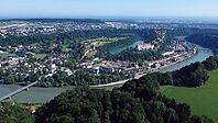 Drone image of the city of Burghausen with old town, new town, Salzach, Wöhrsee and the chemical industry in summer, Upper Bavaria, Bavaria, Germany [IBR123435193]