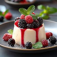 Cottage cheese dessert with raspberries, blackberries, mint leaves, AI generated [IBR123435198]