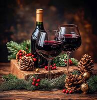 Two glasses of red wine stand on a table surrounded by fir branches and cones, AI generated [IBR123435200]