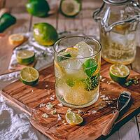 Carbonated drink with lime and ice stands on a wooden board on the table, AI generated [IBR123435201]