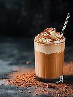 Coffee with whipped cream and chocolate chips in a glass with a straw, copy space, AI generated [IBR123435202]