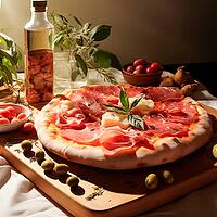 Pizza with cheese and ham on a wooden board, on the table, AI generated [IBR123435204]