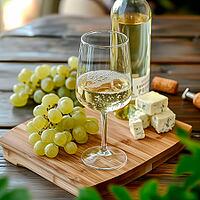 A glass of white wine stands on a wooden board against the background of blue cheese and grapes, AI generated [IBR123435205]