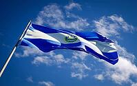 Beautiful national state flag of El Salvador fluttering at sky background. Low angle close-up El Salvador flag 3D artwork [IBR123569266]