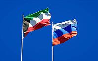 Beautiful national state flags of Kuwait and Russia together at the sky background. 3D artwork concept [IBR123569273]