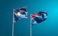 Beautiful national state flags of Sint Eustatius and Australia together at the sky background. 3D artwork concept [IBR123569276]