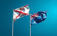 Beautiful national state flags of Jersey and Australia together at the sky background. 3D artwork concept [IBR123569277]