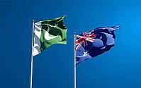 Beautiful national state flags of Pakistan and Australia together at the sky background. 3D artwork concept [IBR123569278]